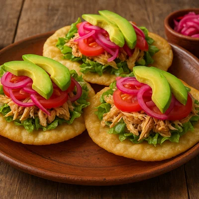 Salbutes – knusprige Maistortillas mit Hühnchen und frischem Belag