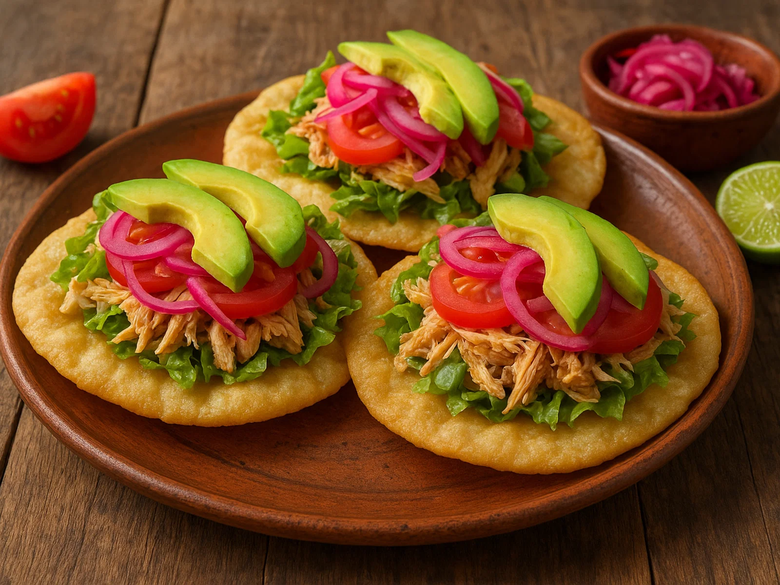Salbutes – knusprige Maistortillas mit Hühnchen und frischem Belag