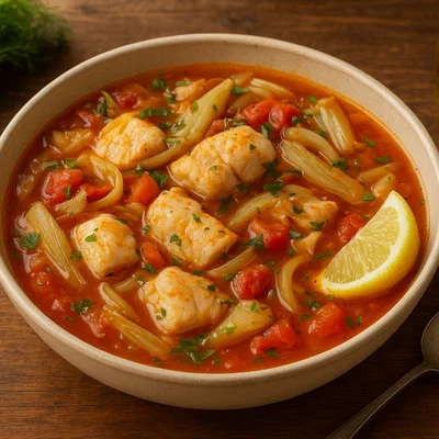 Fisch-Eintopf mit Fenchel in Tomaten-Weißwein-Brühe