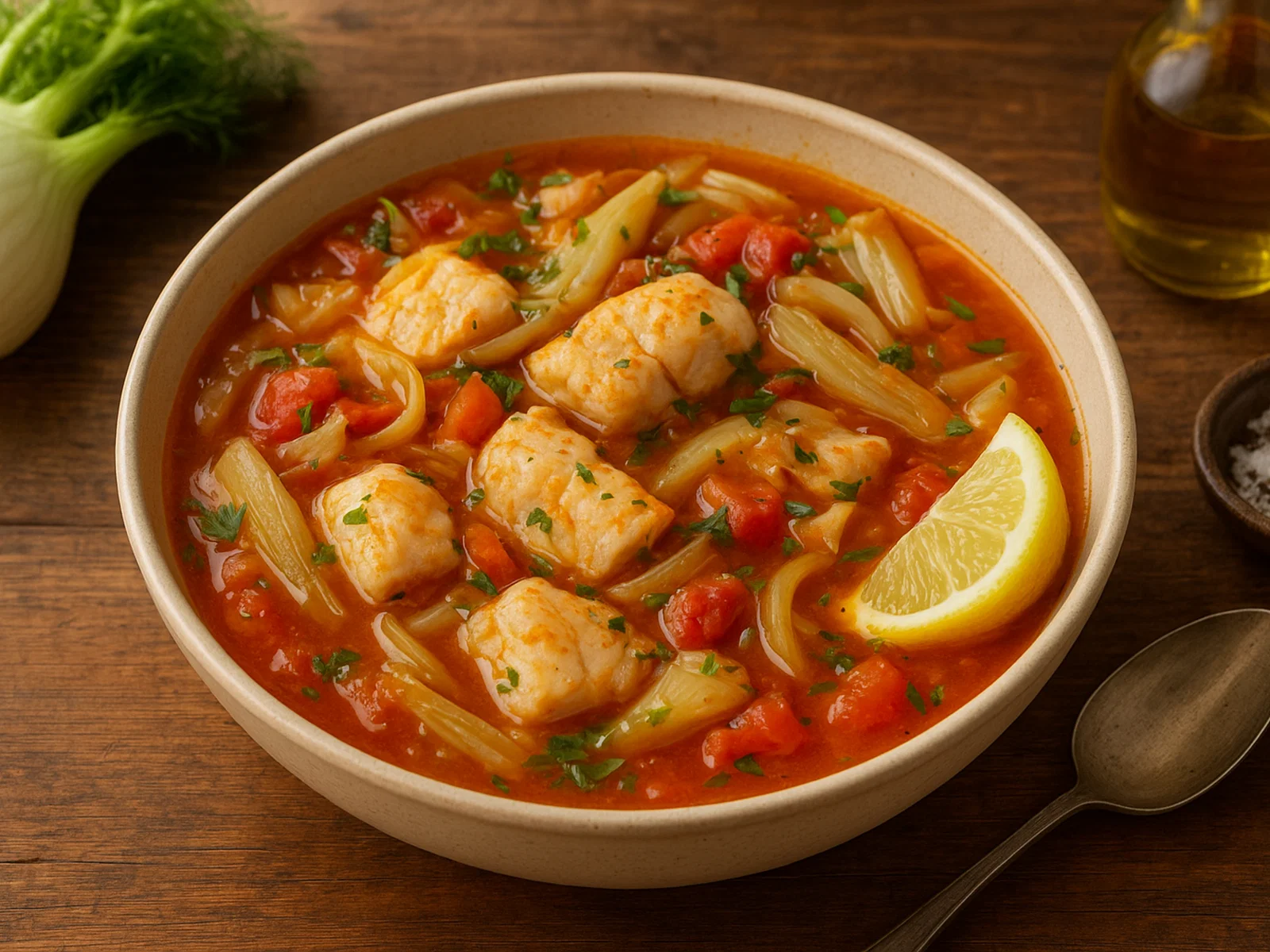 Fisch-Eintopf mit Fenchel in Tomaten-Weißwein-Brühe