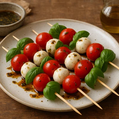 Tomate-Mozzarella-Spieße mit Basilikum und Balsamico-Vinaigrette