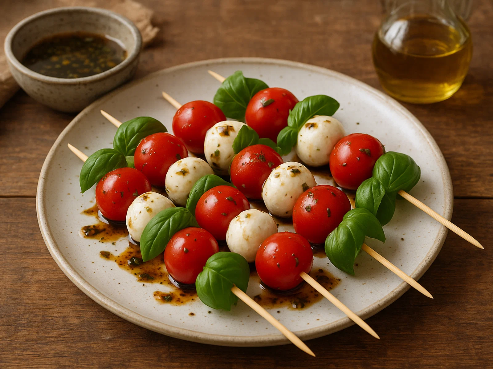 Tomate-Mozzarella-Spieße mit Basilikum und Balsamico-Vinaigrette