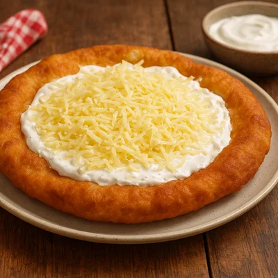 Klassische ungarische Lángos mit Knoblauch, Sauerrahm und Käse