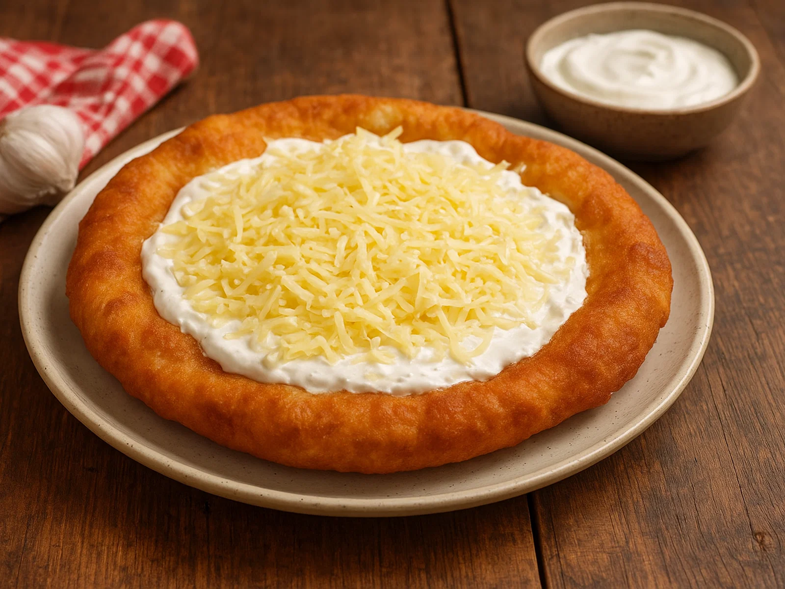 Klassische ungarische Lángos mit Knoblauch, Sauerrahm und Käse