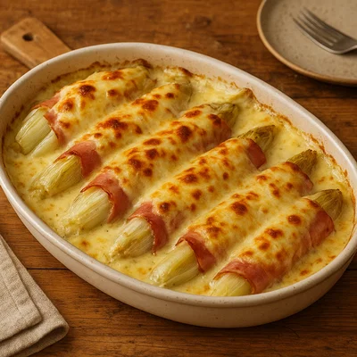 Chicons au gratin (Überbackener Chicorée mit Schinken und Käsesauce)