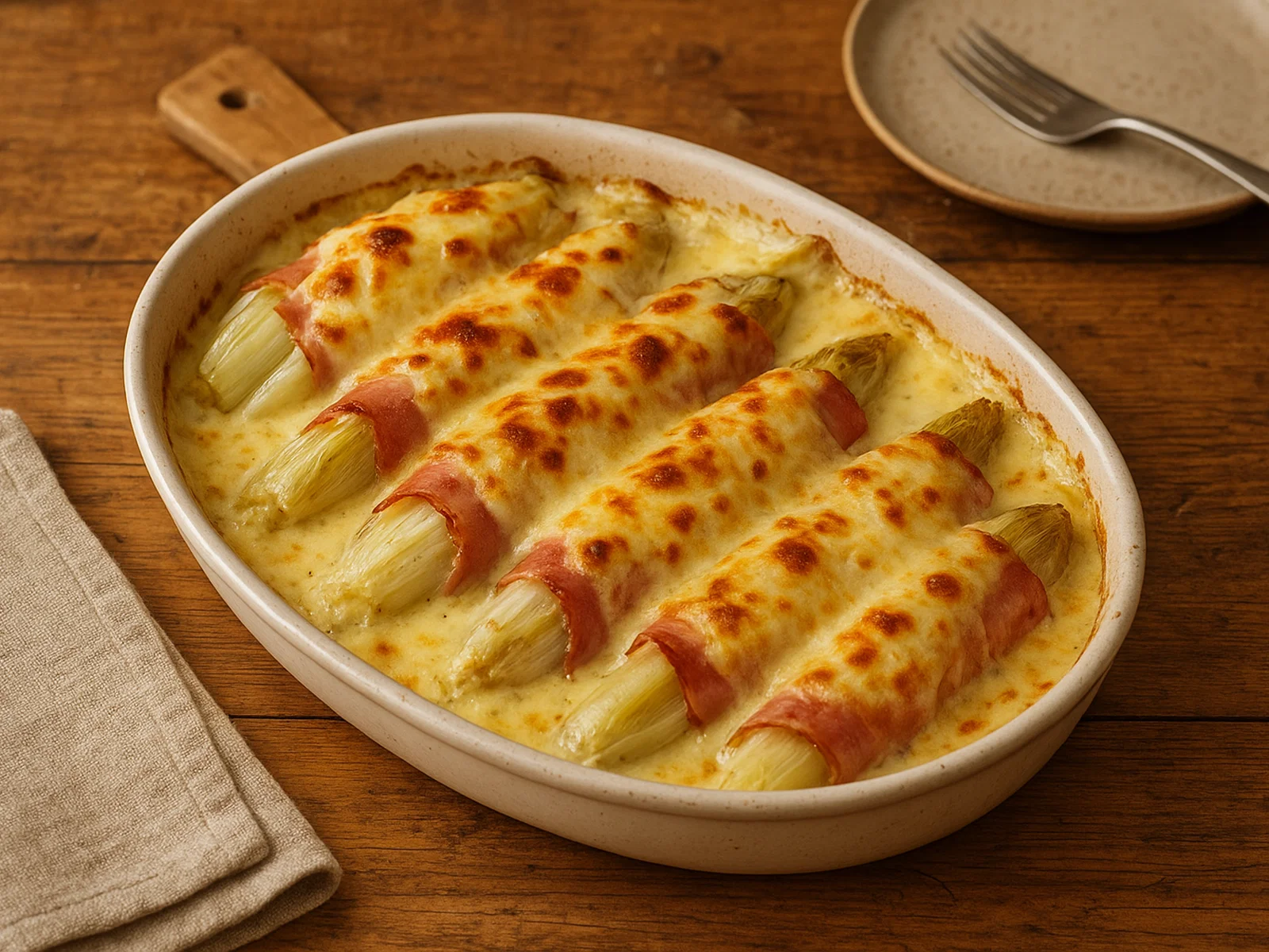 Chicons au gratin (Überbackener Chicorée mit Schinken und Käsesauce)