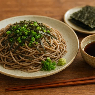 Kalte Soba mit Tsuyu-Dip, Nori und Frühlingszwiebeln