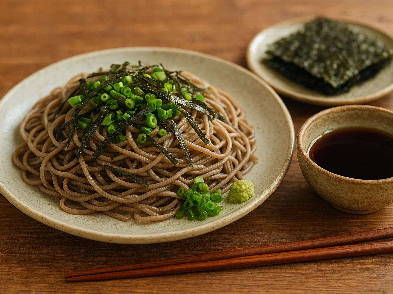 Kalte Soba mit Tsuyu-Dip, Nori und Frühlingszwiebeln