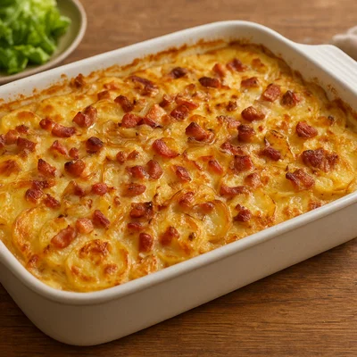 Klassischer Kartoffelauflauf mit Speck und Zwiebeln
