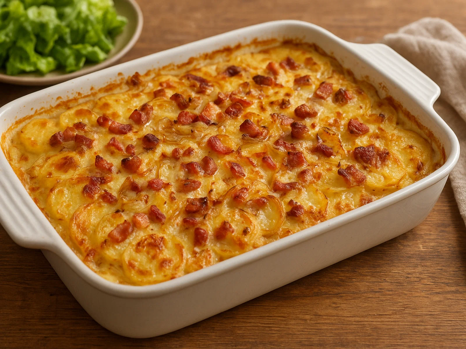 Klassischer Kartoffelauflauf mit Speck und Zwiebeln