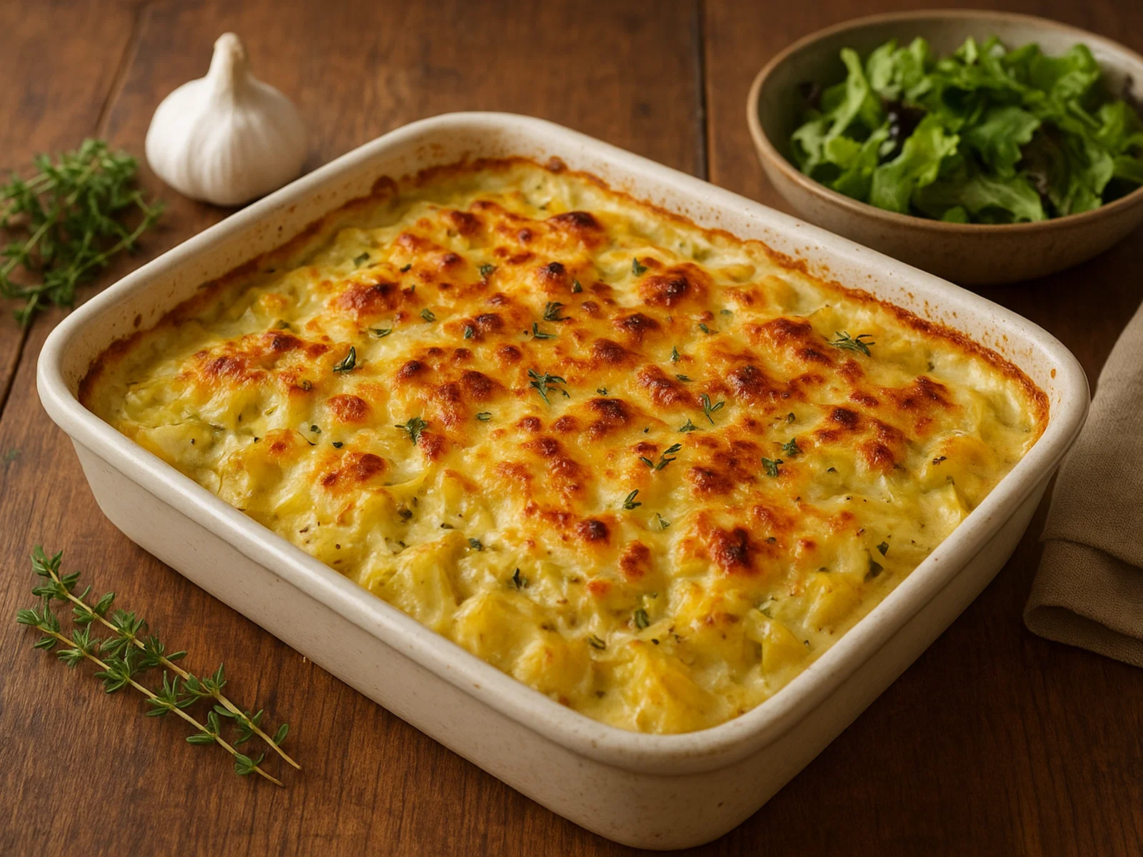 Spitzkohl-Kartoffel-Gratin mit Thymian und Muskat