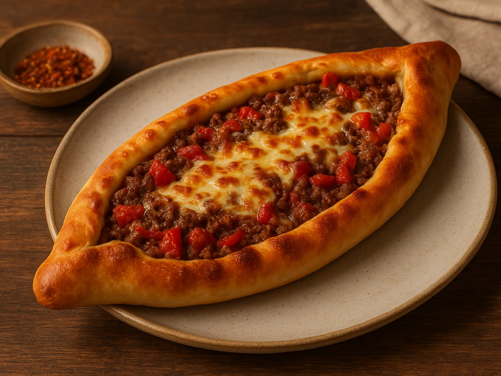 Türkische Pide mit Hackfleisch-Käse-Füllung