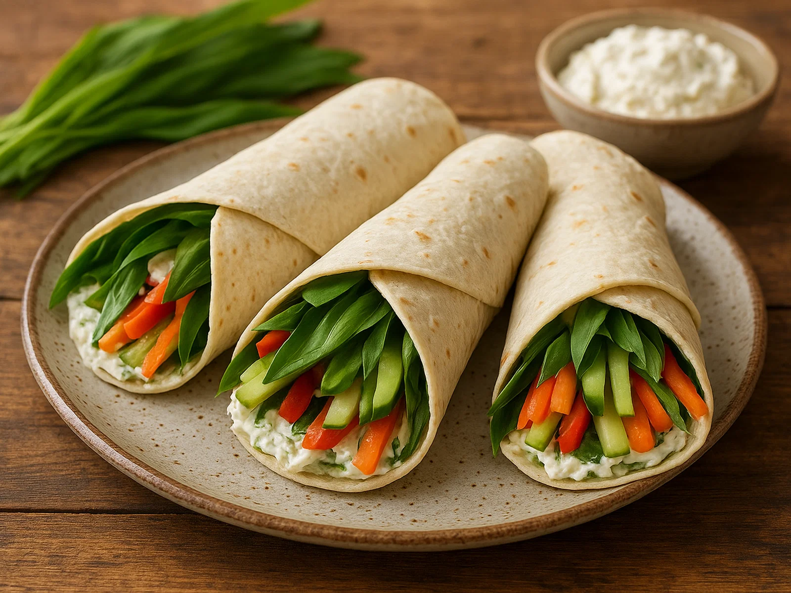 Vegetarische Bärlauch-Wraps mit Frischkäse und knackigem Gemüse