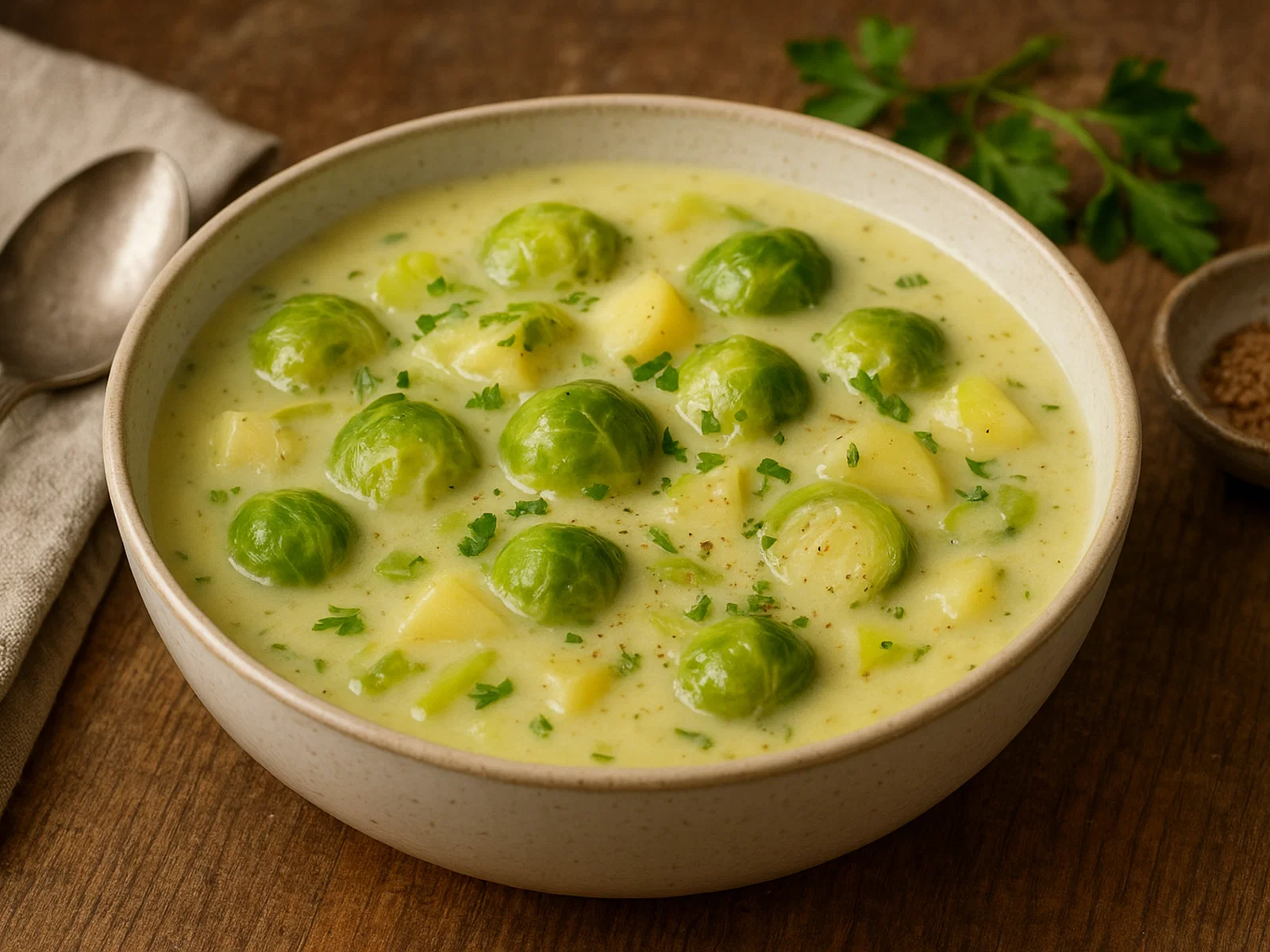 Cremige Rosenkohl-Suppe mit Kartoffeln und Lauch