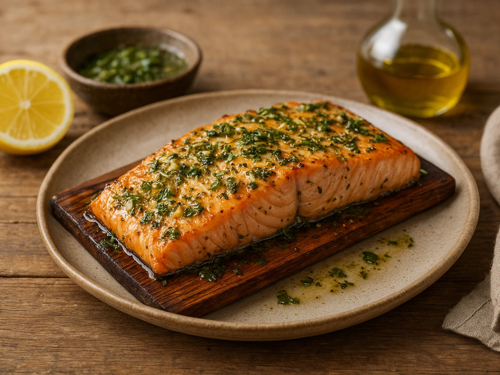 Zedernholz-Lachs vom Grill mit Zitronen-Kräuter-Marinade