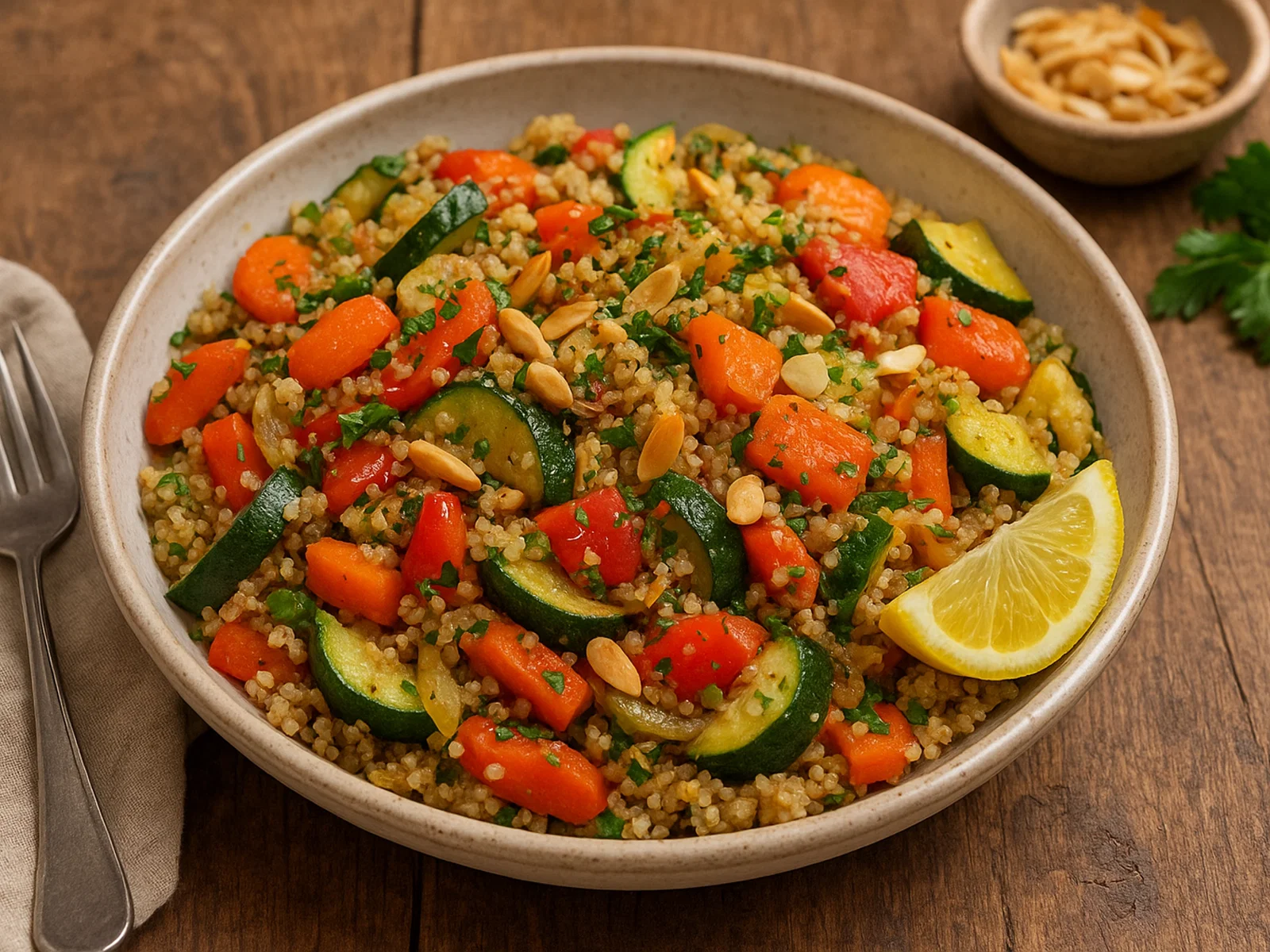 Quinoa-Gemüse-Pfanne mit gerösteten Mandeln