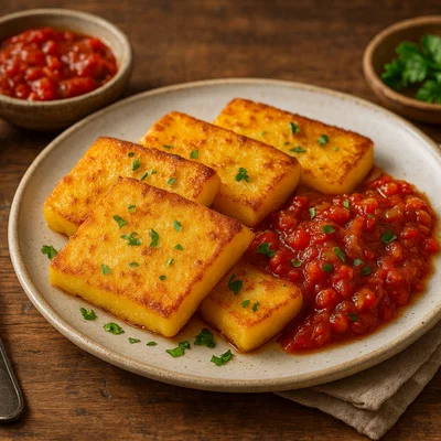 Gebratene Polentascheiben mit würzigem Tomaten-Chutney