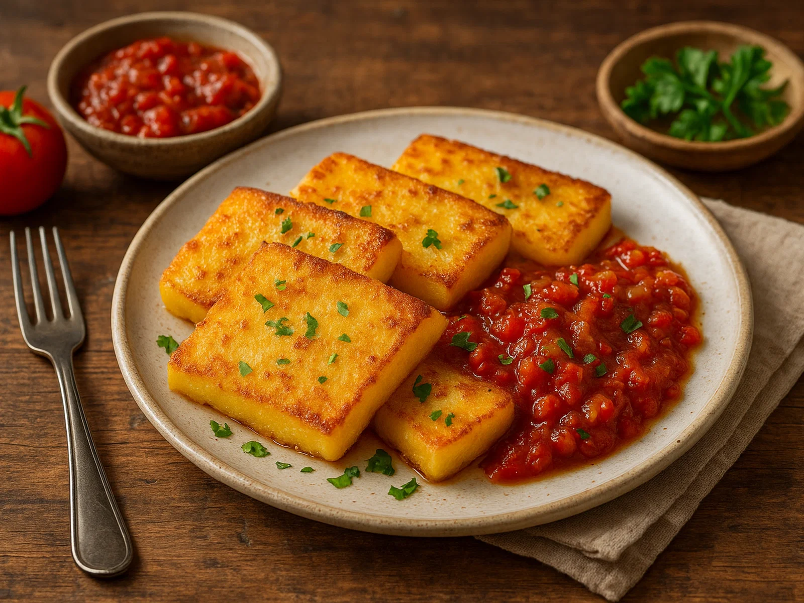Gebratene Polentascheiben mit würzigem Tomaten-Chutney
