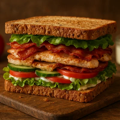 Klassisches Vollkorn‑Clubsandwich mit Huhn und Speck