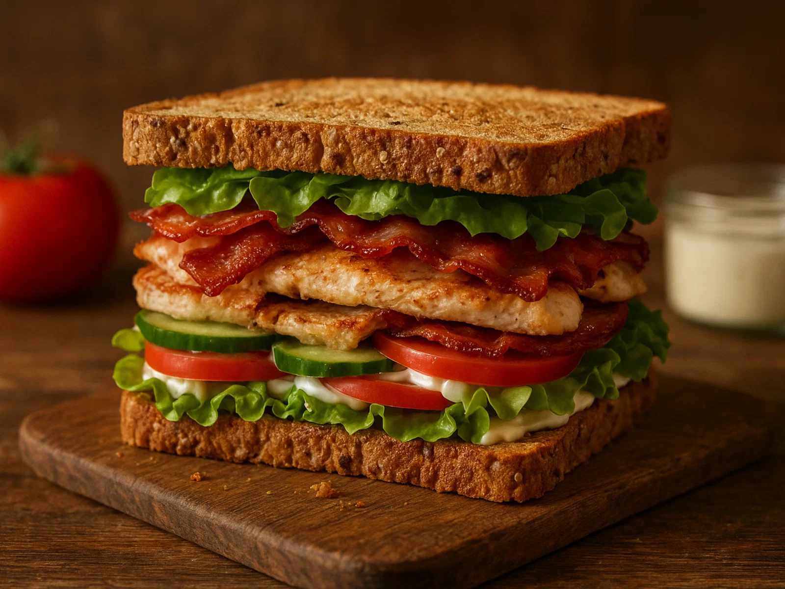Klassisches Vollkorn‑Clubsandwich mit Huhn und Speck