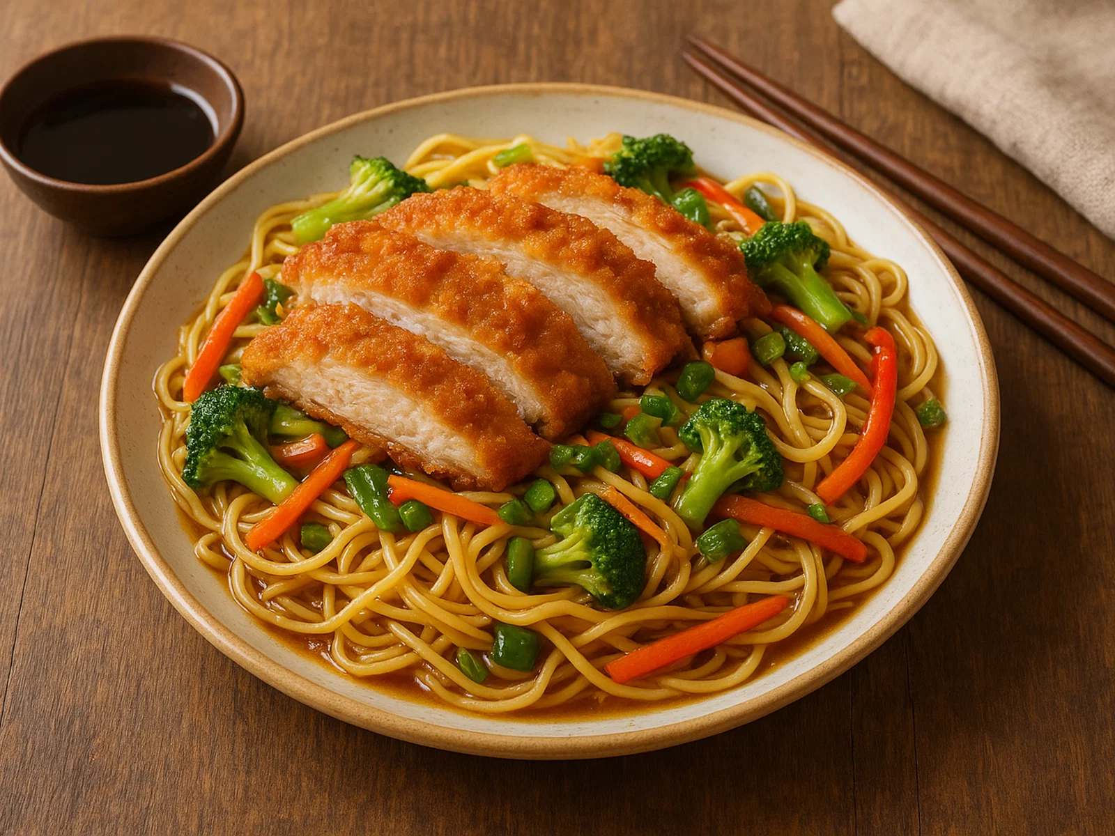 Asiatische Eiernudeln mit knusprigem Hühnchen