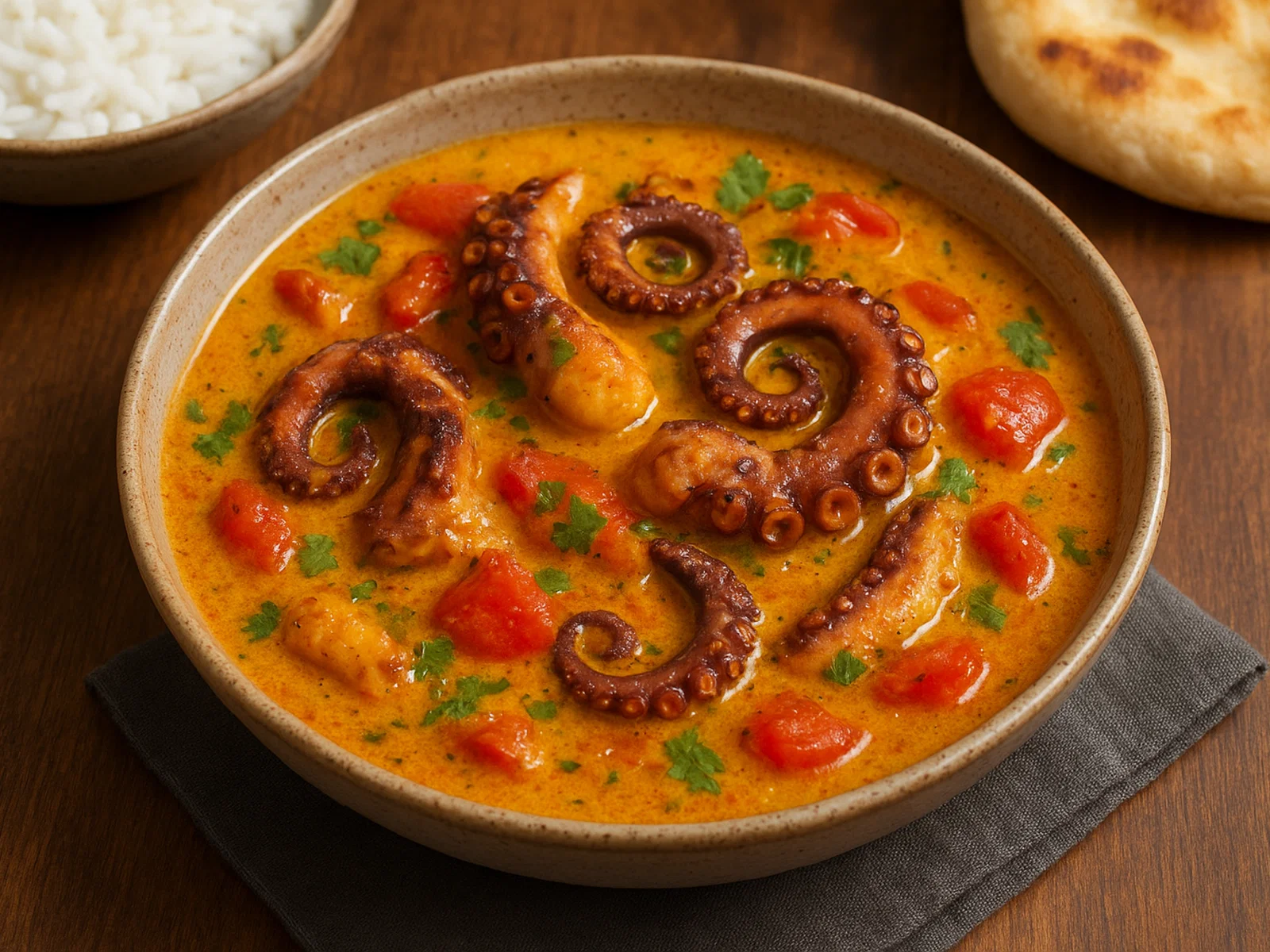 Oktopus-Curry mit Kokosmilch und Tomaten