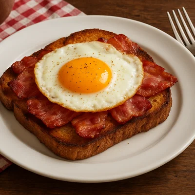 Geröstetes Brot mit Speck und Ei