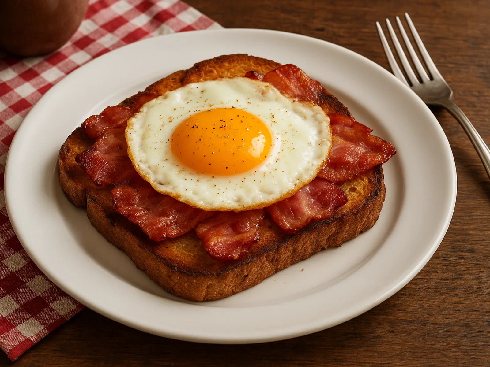 Geröstetes Brot mit Speck und Ei