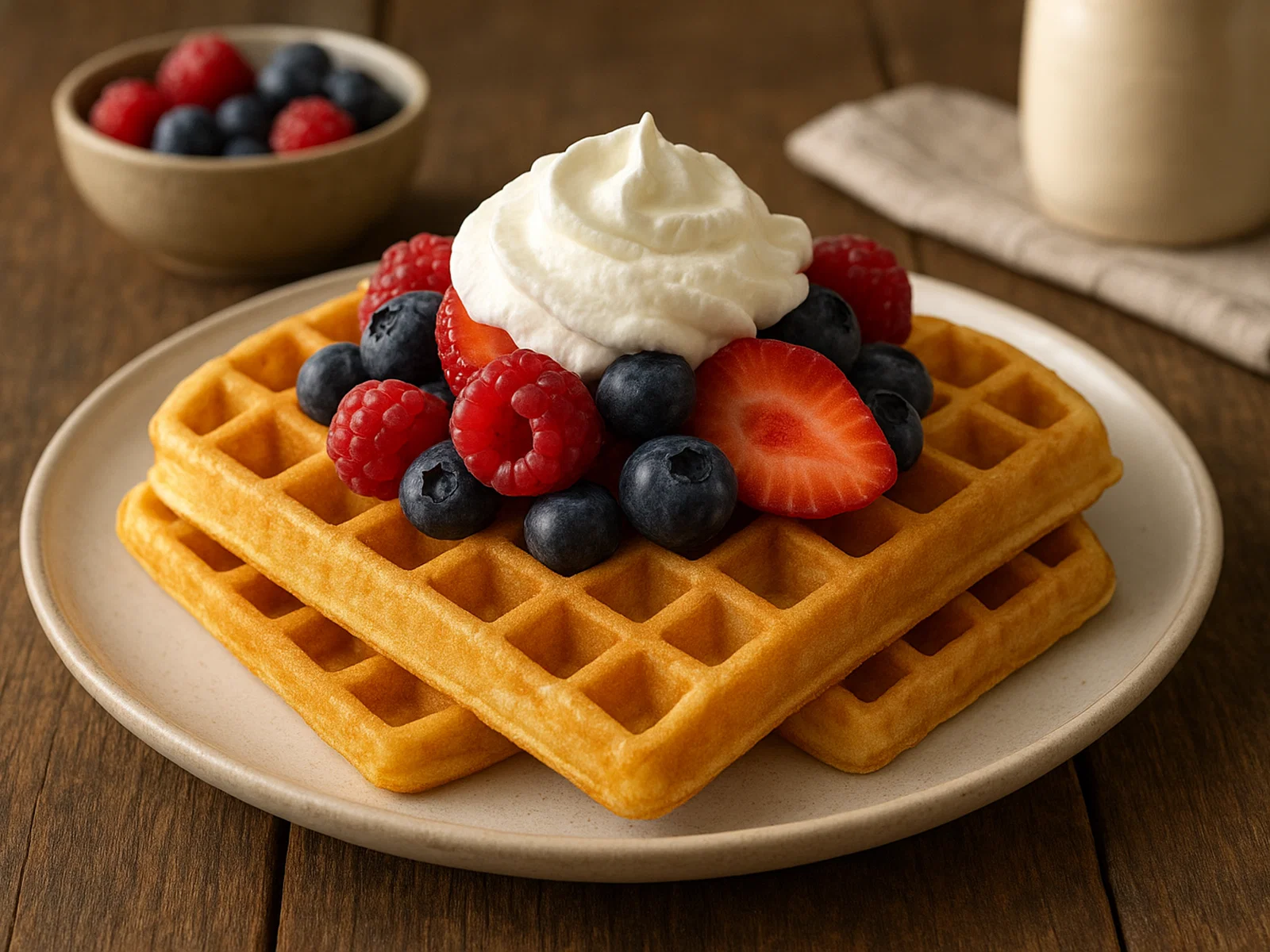 Klassische Vanillewaffeln mit Beeren und Schlagsahne