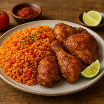 Nigerianischer Jollof Rice mit knusprigem Hähnchen