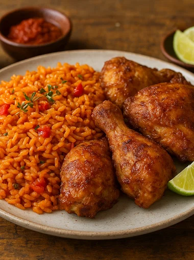 Nigerianischer Jollof Rice mit knusprigem Hähnchen