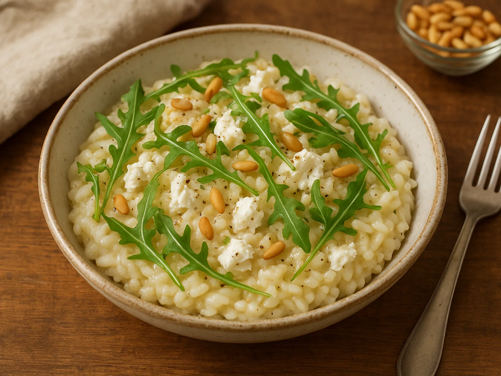 Ziegenkäse-Risotto mit Rucola und Pinienkernen