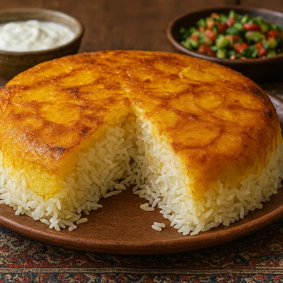 Persischer Tahdig mit Safran und Kartoffelkruste