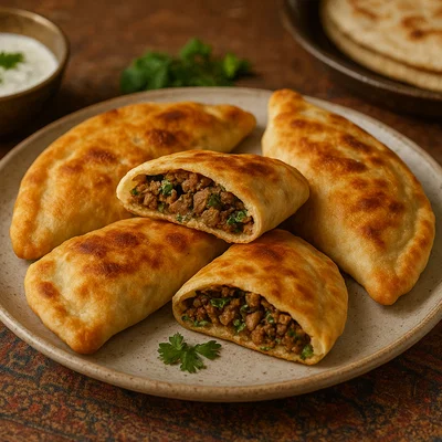 Afghanische Bolani Keemiya (gefüllte Teigtaschen mit Hackfleisch)
