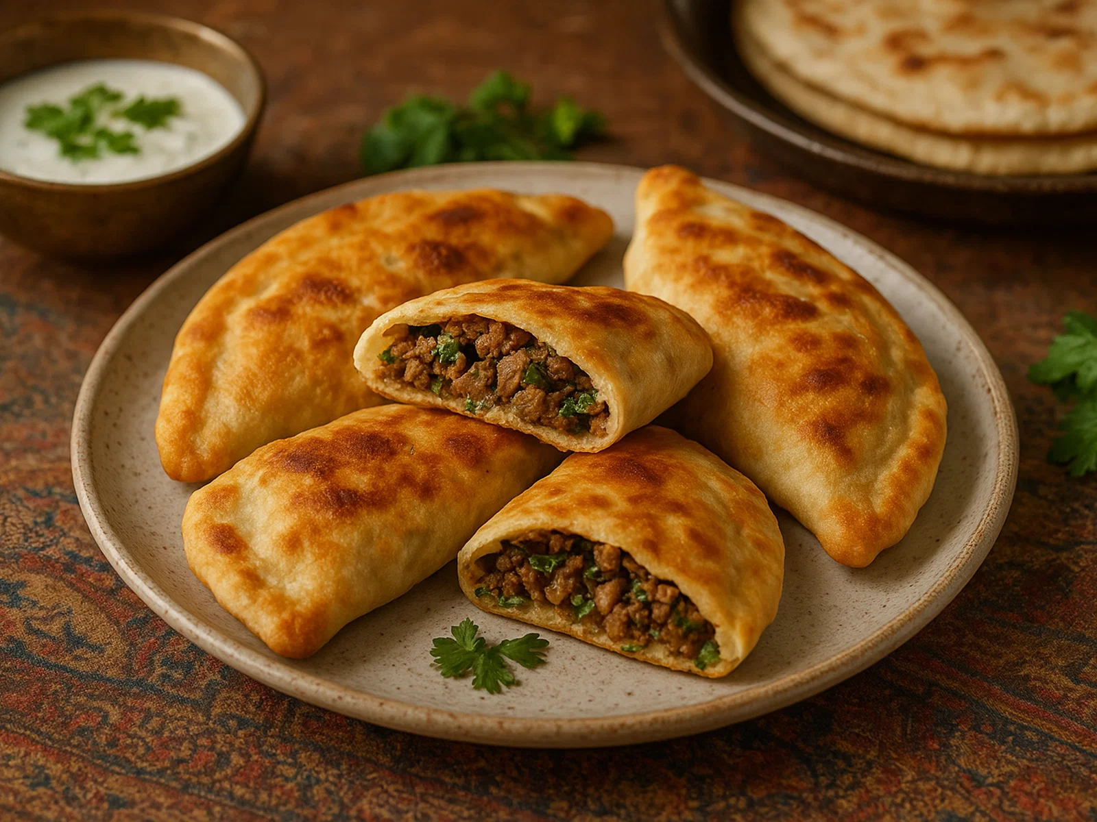 Afghanische Bolani Keemiya (gefüllte Teigtaschen mit Hackfleisch)