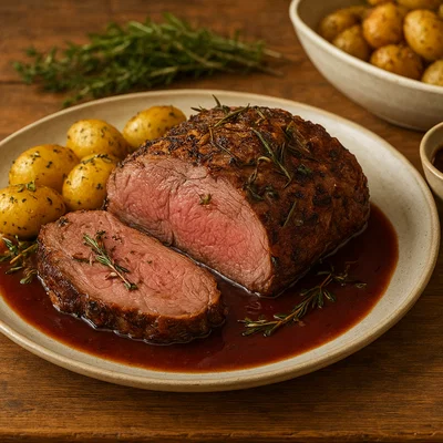 Klassischer Lammbraten mit Rotweinsoße