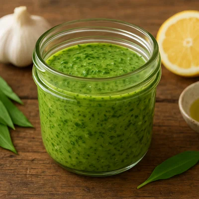 Bärlauch-Dressing mit Olivenöl und Knoblauch