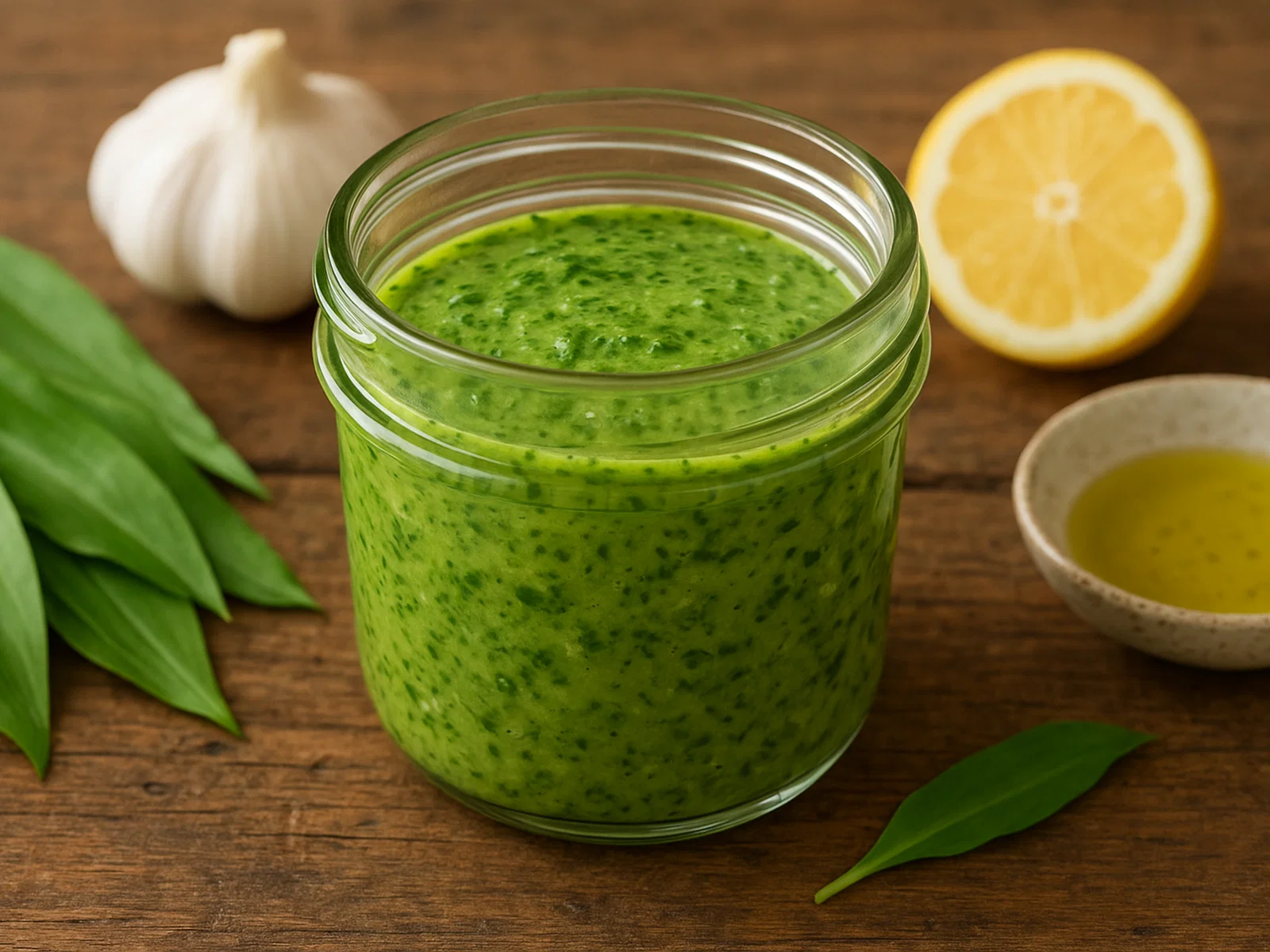 Bärlauch-Dressing mit Olivenöl und Knoblauch