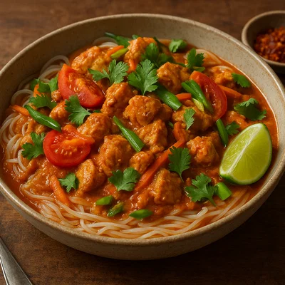 Shan-Nudeln aus Myanmar mit Huhn und Tomaten-Erdnuss-Sauce