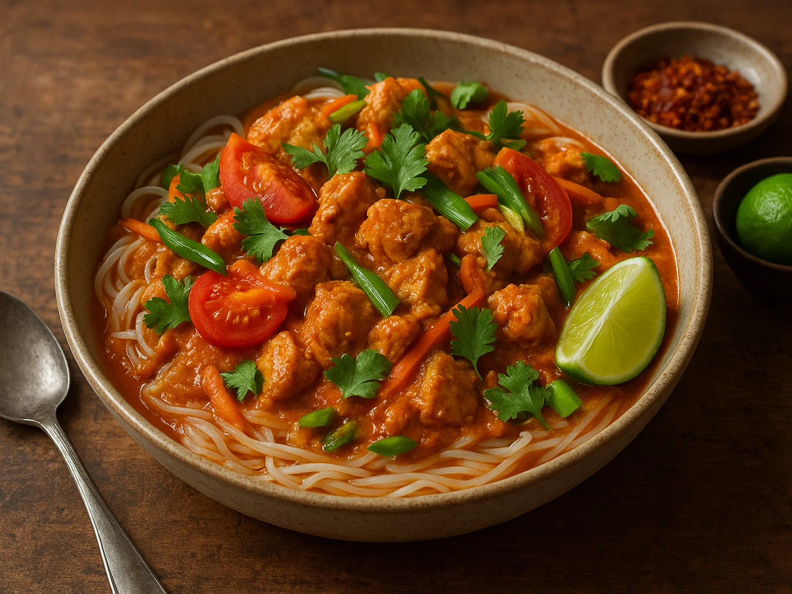 Shan-Nudeln aus Myanmar mit Huhn und Tomaten-Erdnuss-Sauce