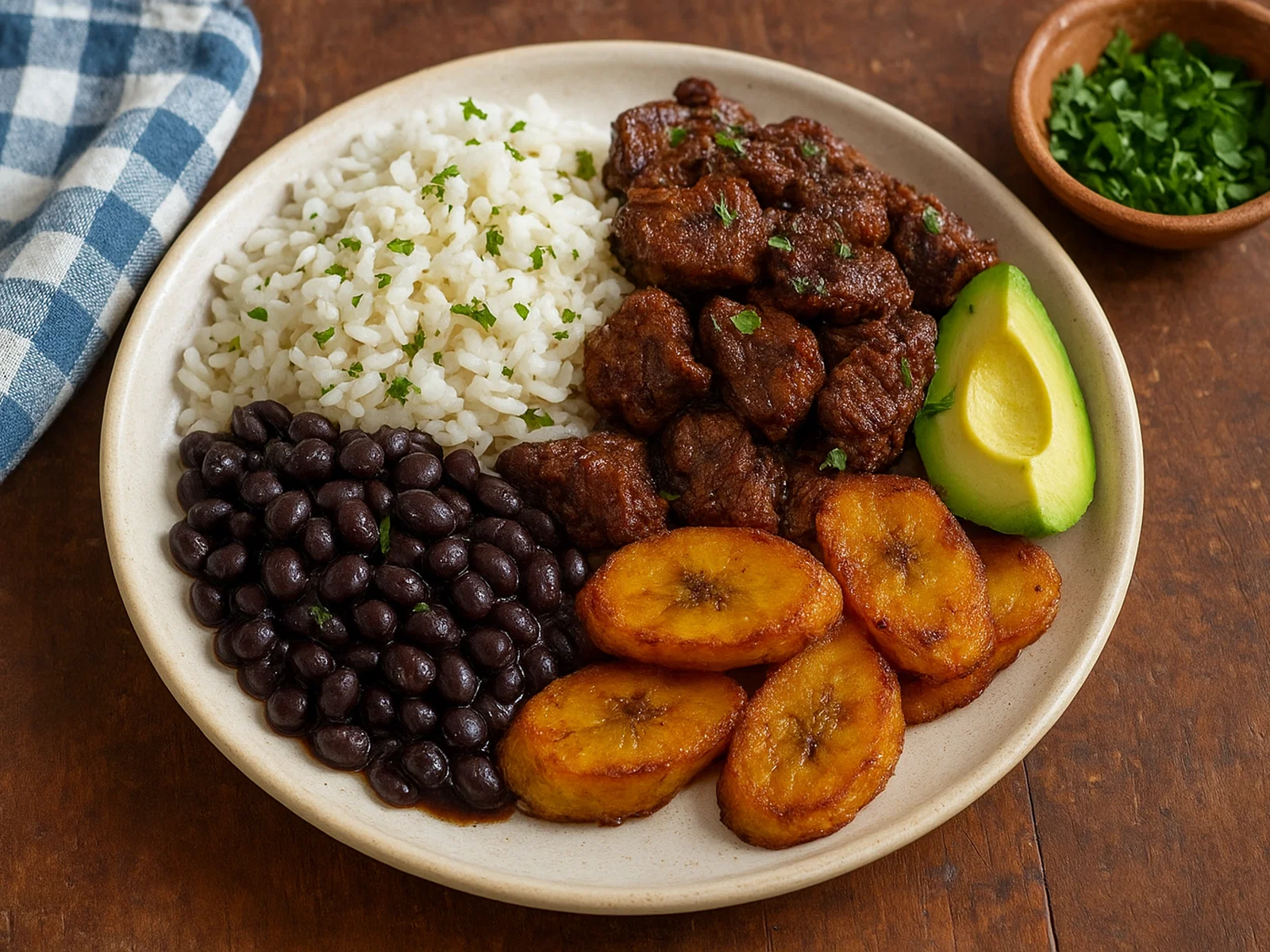 Plato Típico – Lateinamerikanischer Teller mit mariniertem Rind, Reis, Bohnen und Kochbananen
