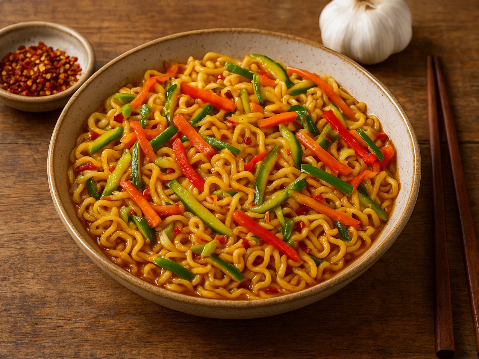 Würzige Instant-Nudeln mit Gemüsepfanne