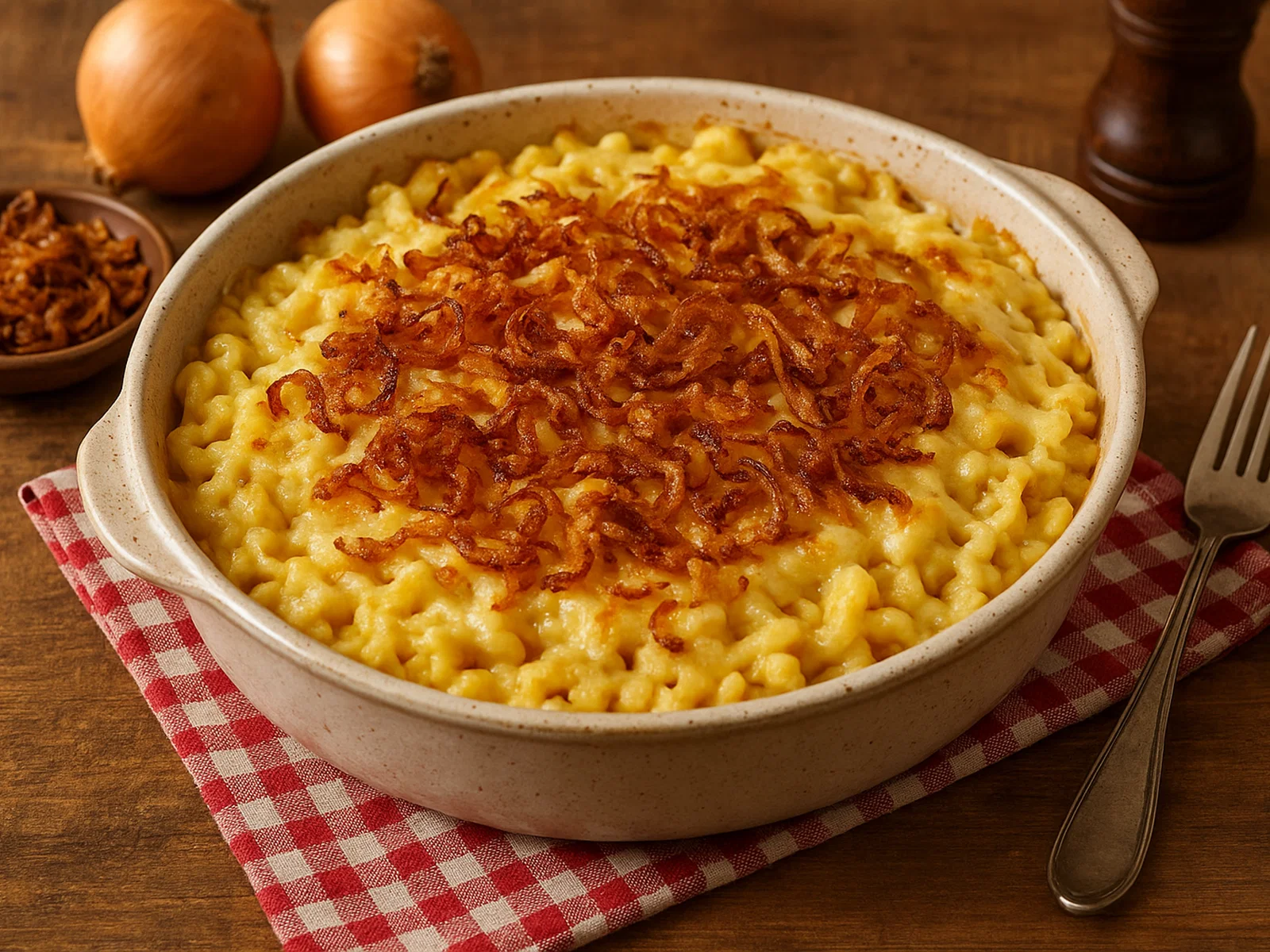 Schwäbische Käsespätzle mit Röstzwiebeln