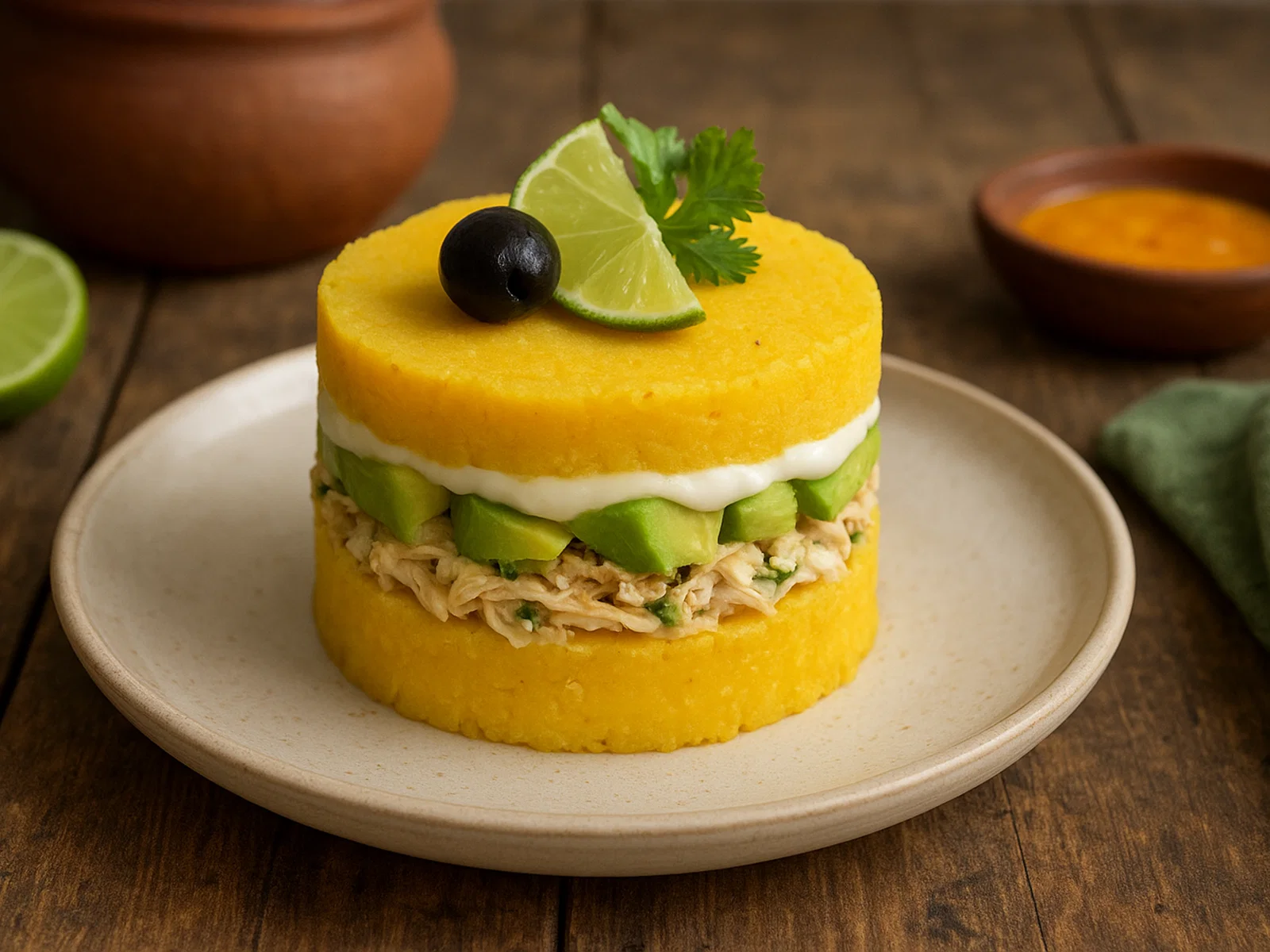 Causa Rellena mit Hühnchen und Avocado