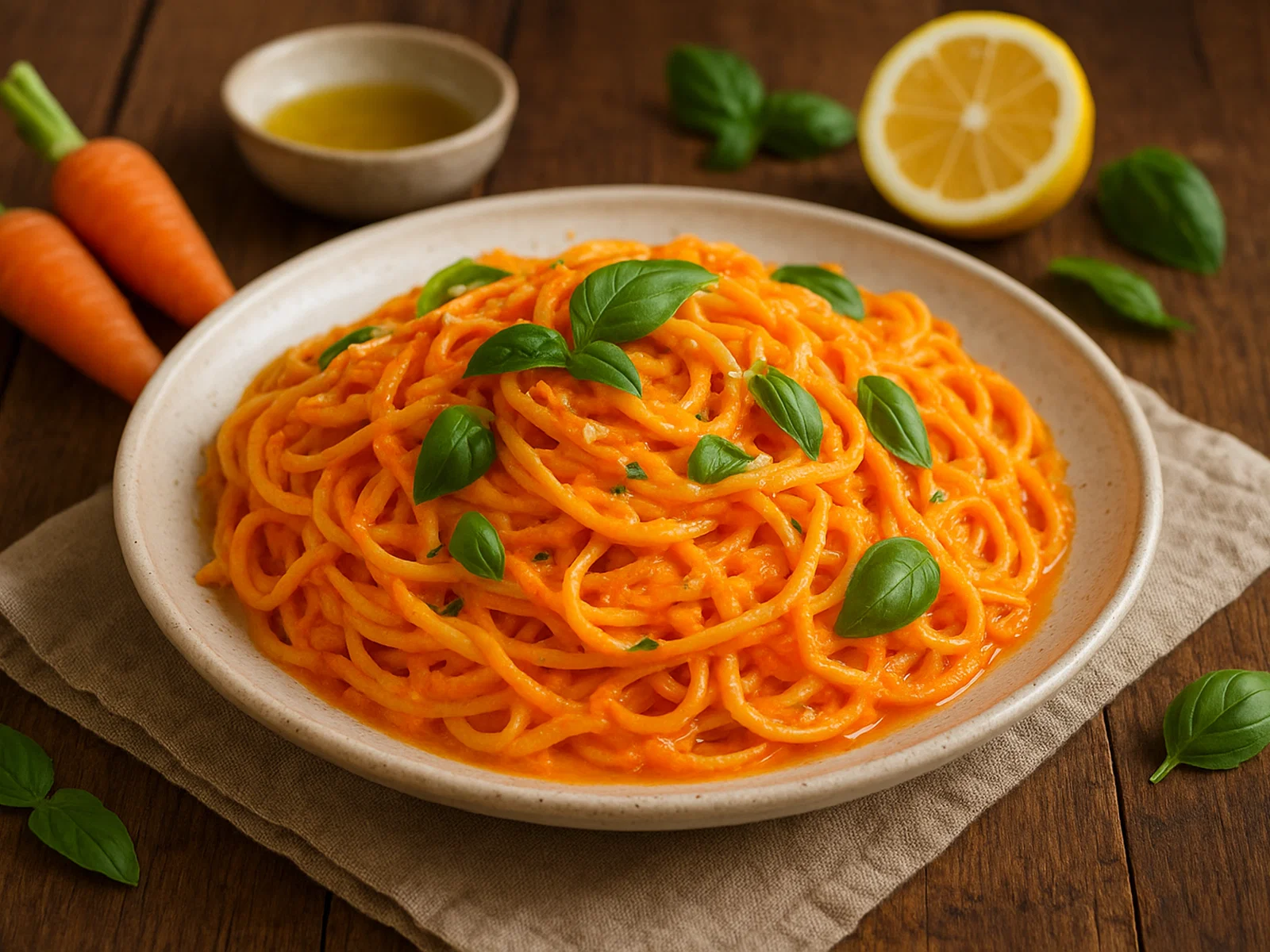 Cremige Karotten-Pasta mit Zitrone und Basilikum
