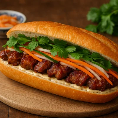 Vietnamesisches Banh Mi Sandwich mit mariniertem Schweinefleisch