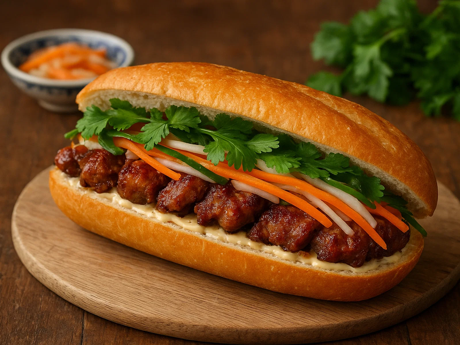 Vietnamesisches Banh Mi Sandwich mit mariniertem Schweinefleisch