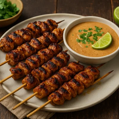 Gegrillte Hähnchenspieße mit cremiger Erdnusssauce