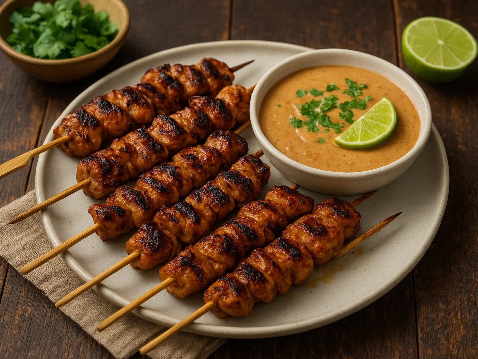 Gegrillte Hähnchenspieße mit cremiger Erdnusssauce