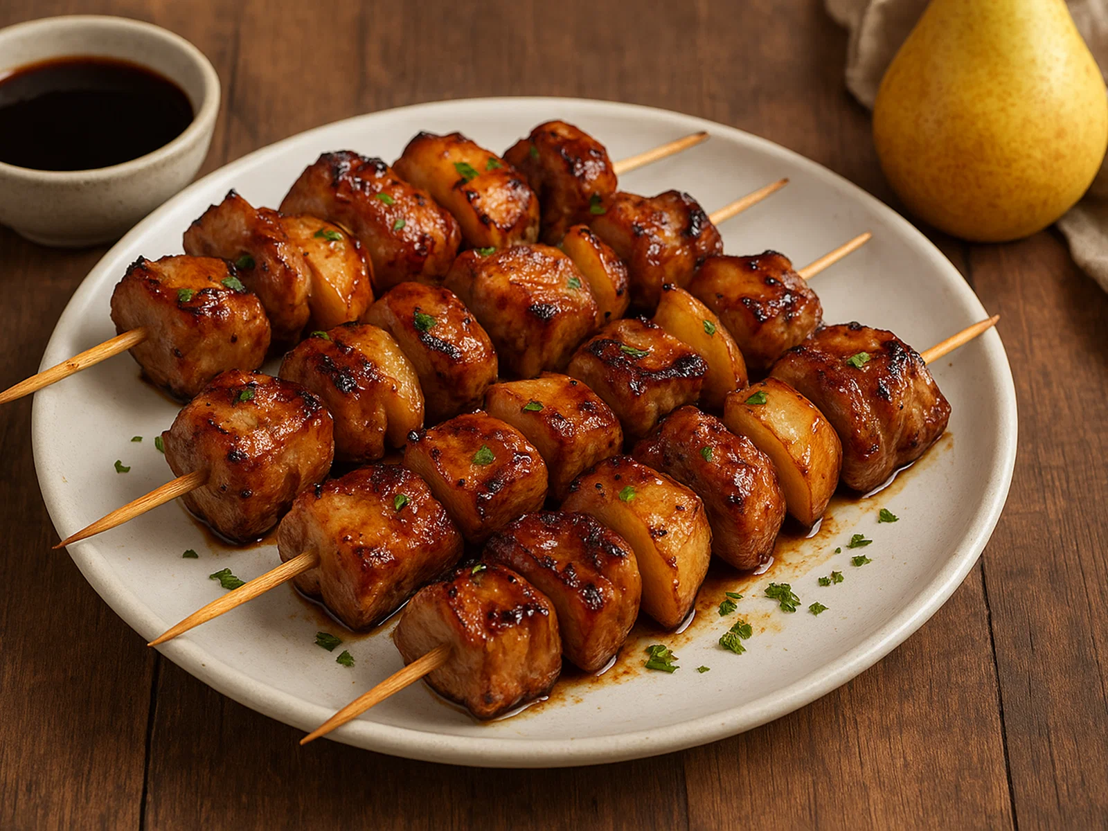 Birnen-Schweinefleisch-Spieße vom Grill
